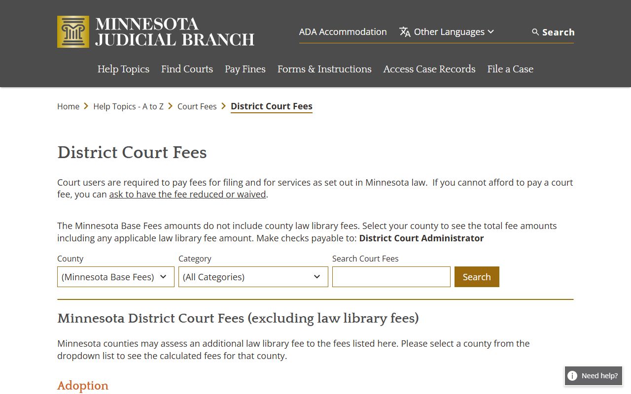 Lac qui Parle County Court Administrator District Court fee catalog