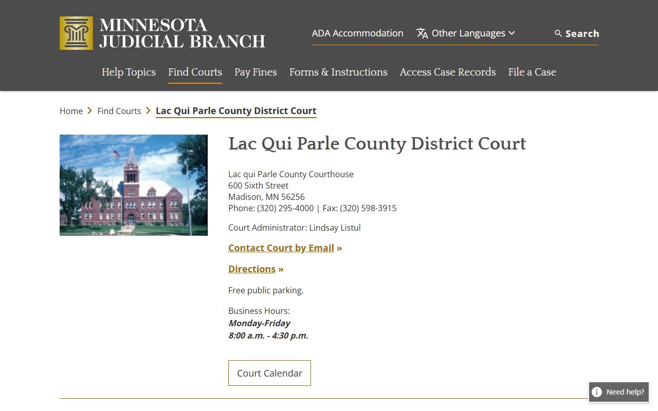 Lac qui Parle County court records District Court page