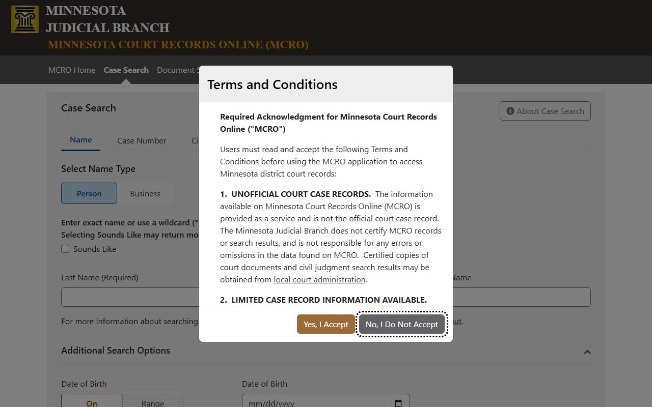 Lac qui Parle County court records MCRO case search fields